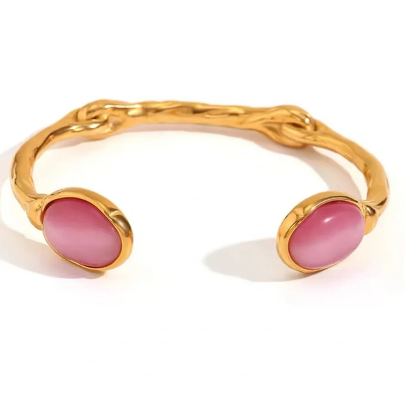 Pink Agate 18K Gold Stainless Steel Waterproof Cuff Bracelet - Picture 1 of 6